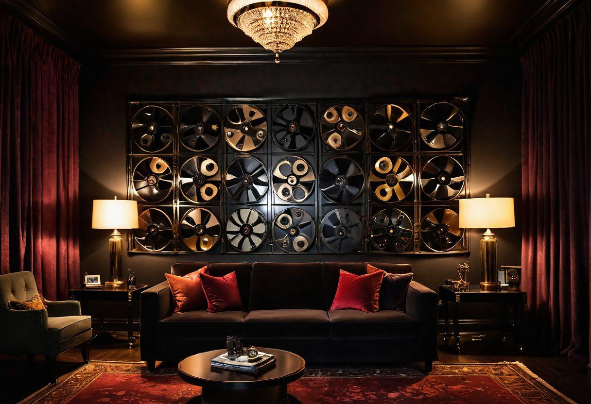 An artistic representation of a cinematic experience in an elegant, dimly lit room filled with vintage film reels and rich ebony textures. A beautifully curated display of sensual silhouettes is softly illuminated, creating an inviting atmosphere. The background should feature a subtle hint of lush fabrics like velvet and silk to evoke luxury. Include a hint of retro film elements to emphasize the adult film theme. vibrant colors. art deco style.