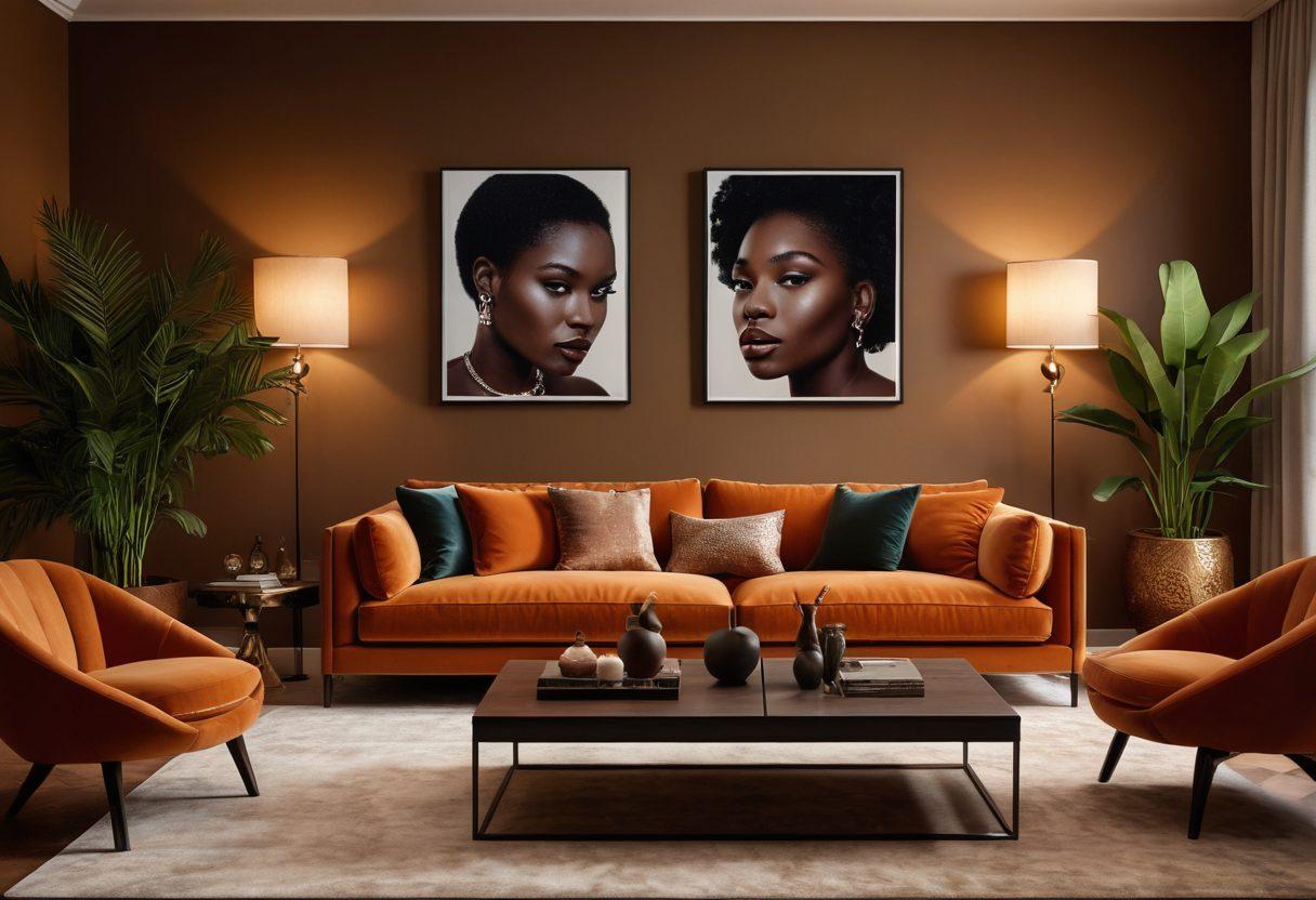 A modern, elegant living room setting with a diverse group of individuals in deep conversation about sensuality and self-expression, surrounded by art pieces that celebrate ebony culture. Soft lighting and warm tones create an inviting atmosphere, with subtle hints of explicit content artfully integrated into the decor. Emphasize the emotional expressions of the participants, showcasing a range of perspectives and comfort levels. super-realistic. vibrant colors. cozy ambiance.